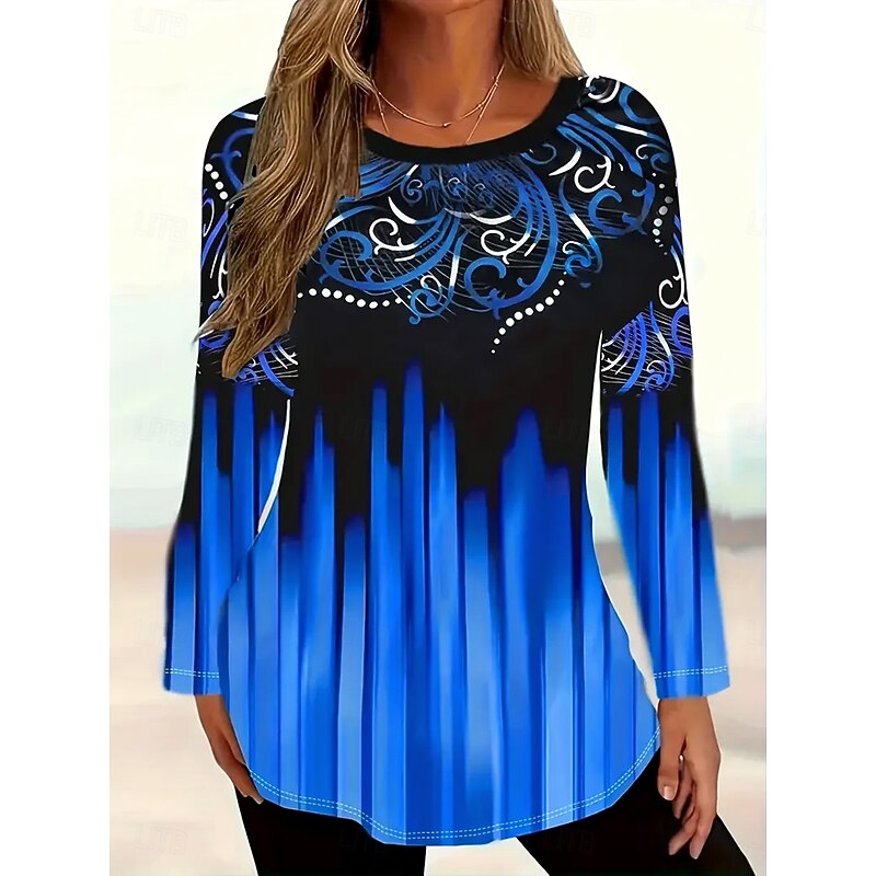 Women's T Shirt Ombre Floral Graphic Vintage Stylish Classic Long Sleeve Crew Neck Round Neck Regular Tops Daily Print Royal Blue Spring Fall Winter