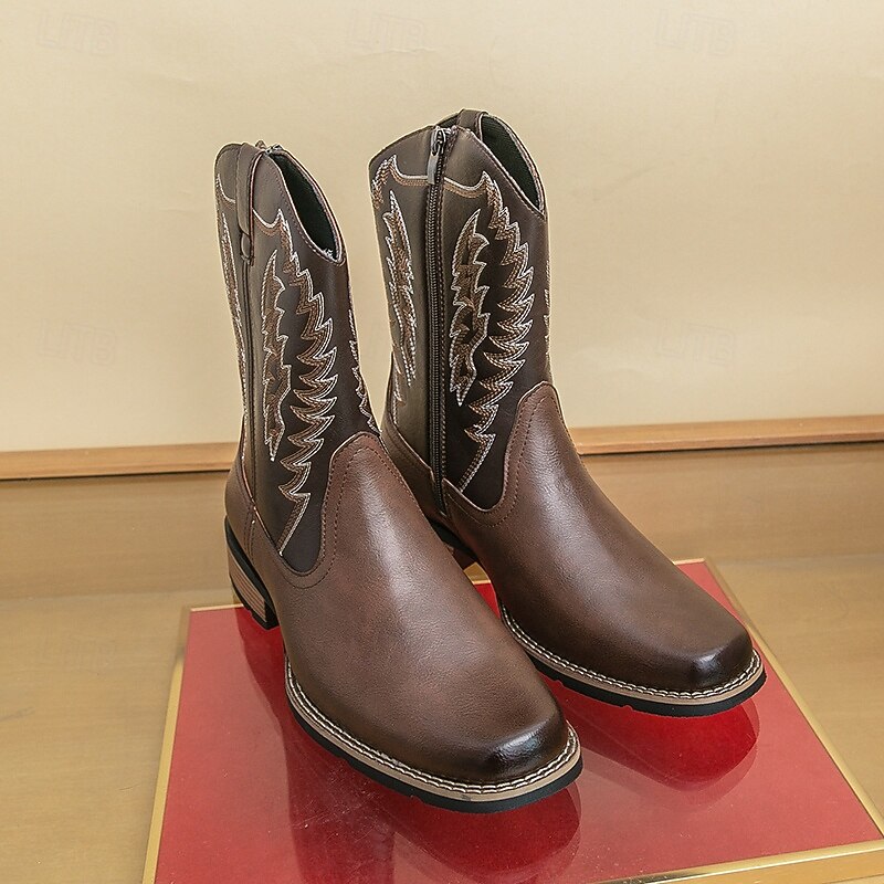 Men's Brown Western Cowboy Boots with Embroidered Wing Pattern, Classic Square Toe, Comfortable Fit, Durable Riding Style Footwear for Ranch, Rodeo, Country Concerts and Outdoor Work2