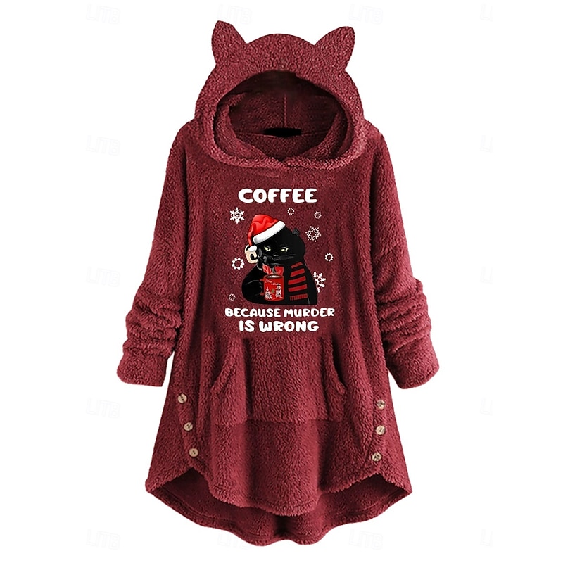 Women's Pullover Hoodie Sweatshirt Cat Casual Long Sleeve Hooded Long Tops Street Dailywear Casual Pocket Print Pink Wine Gray Fall Winter