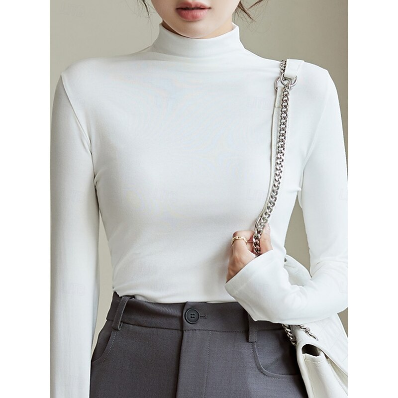 Women's Blouse Solid Color Elegant Stylish Basic Long Sleeve Turtleneck Regular Tops Daily Black White Pink Brown Beige Spring Fall Winter4