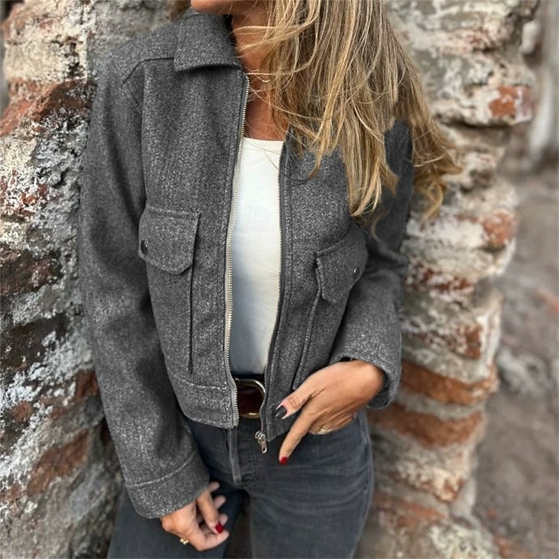 Women's Casual Jacket Warm Comfortable Pocket Fashion Outdoor Plain Going out Weekend Zipper Regular Lapel Regular Fit Long Sleeve Outerwear Apricot Gray Fall Winter