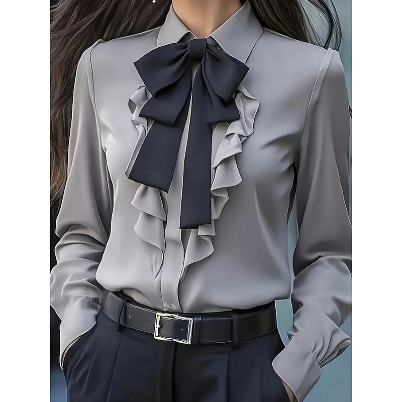 Women's Elegant Dressy Satin Blouse Plain Elegant Long Sleeve Shirt Collar Regular Tops Daily Ruffle Bow Black White Red Gray Fall3