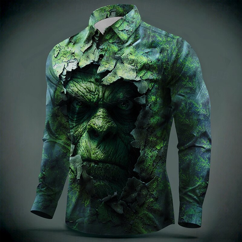 Halloween Men's Human face Horror Shirt Button Up Shirt Long Sleeve Dark Punk Gothic Style Outdoor Holiday Summer Spring Turndown 3D Print Collared Shirts Dark Green
