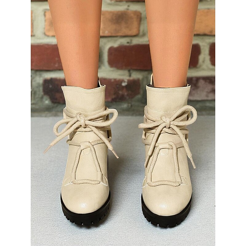 Women's Brown Faux Leather Combat Ankle Boots with Chunky Heel – Casual Outdoor & Streetwear Style3