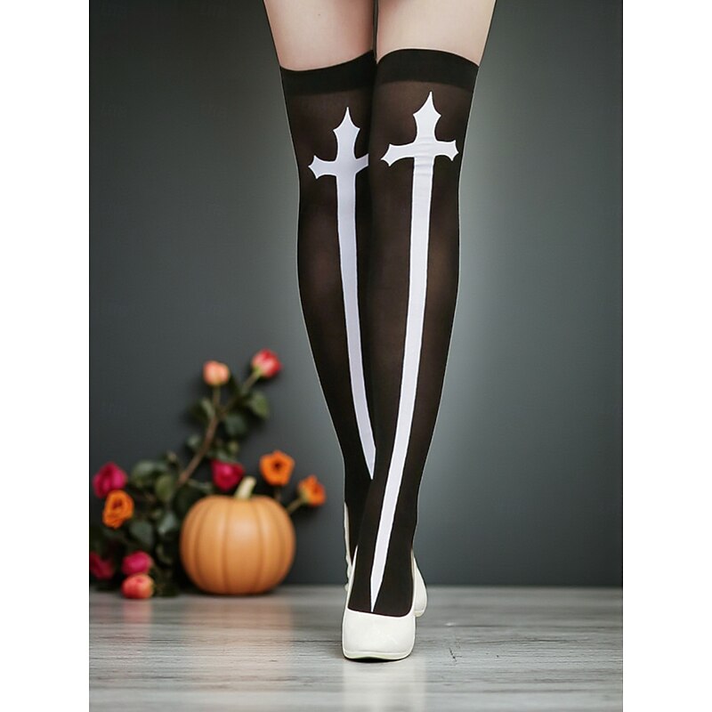 Women's Halloween Cross Print Thigh High Stockings - Gothic Over the Knee Costume Tights for Party, Cosplay and Night Out2