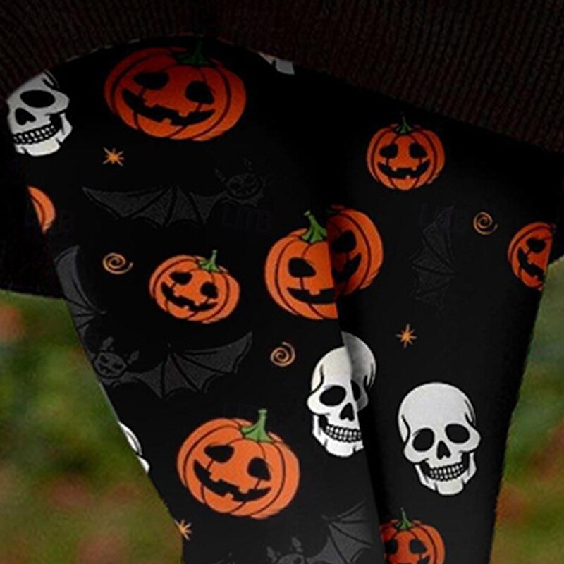 Women's Leggings Cozy Leggings Basic Casual Full Length High WaistPantsHalloween Skull Pumpkin Printing Thermal Warm Comfortable Stretchy Vacation Casual Daily Black Fall Winter Regular Fit2