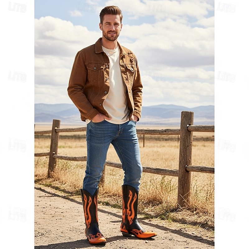 Men's Black and Orange Mid-Calf Western Cowboy Boots - Bold Flame Design with High-Gloss Finish for Rodeo and Fashion Wear3