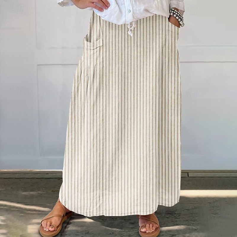 Women's Skirt Casual Maxi Mid Rise Skirts Striped Pocket Micro-elastic Vacation Street Sky Blue Brown Beige Grey Spring Polyester4