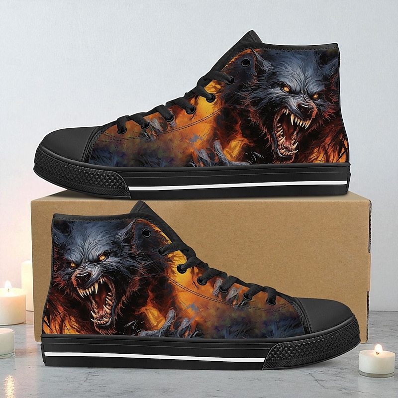 Men's High Top Canvas Sneakers with Scary Werewolf Graphic, Casual Wear Shoes for Streetwear and Halloween Party