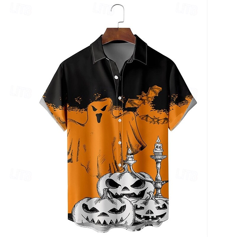 Halloween Men's Grimace Lantern Face Shirt Summer Shirt Casual Shirt Short Sleeves Horror Vacation Daily Wear Theme Party Spring & Summer Lapel Print White+Black Orange / Gray Black Orange Beige