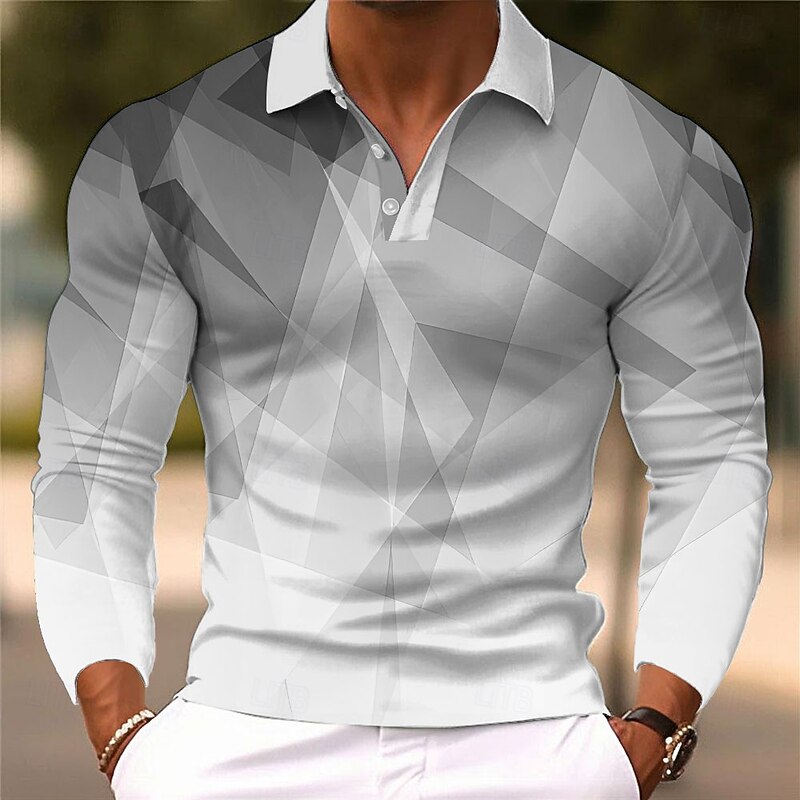 Men's Geometic Polo Long Sleeve Polo Shirts Collared Shirts Casual Athleisure Daily Wear 3D Print Buttons Spring Fall Winter Blue Orange Light Blue4