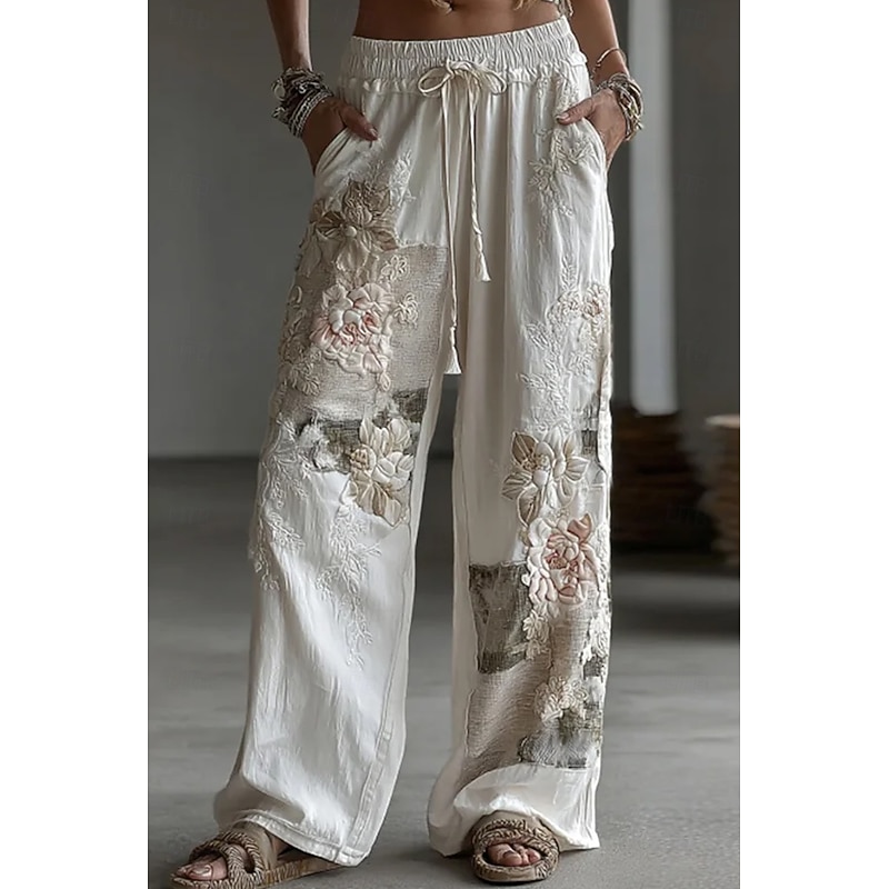 Women's Culottes Wide Leg Wide Leg Vacation Vintage Ethnic Style Full Length High Waist Floral Graphic Quick Dry Breathability Soft Inelastic Formal Outdoor Vacation White Pink Blue Beige Fall Loose2