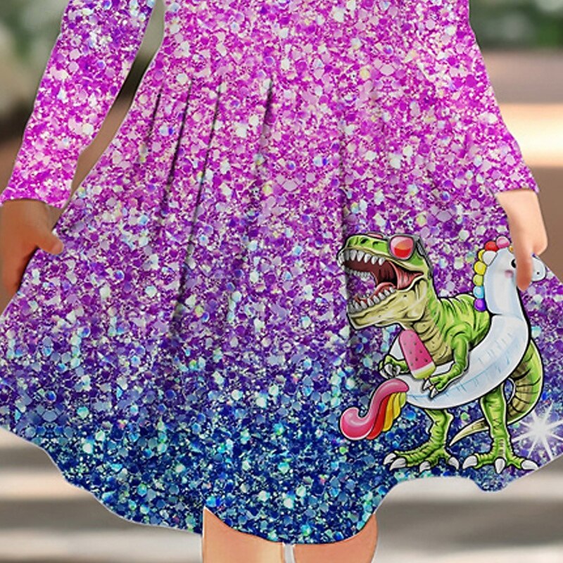 Girls' 3D Dinosaur Dress Long Sleeve Summer Spring Vacation Daily Holiday Princess Beautiful Sweet Kids 4-12 Years Casual Dress A Line Dress Knee-length Regular Fit3