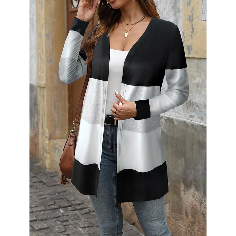 Women's Casual Jacket Comfortable Breathable Print Casual Stripe Vacation Street Daily Wear Going out Open Front Regular Turndown Regular Fit Long Sleeve Outerwear Black Spring Fall3