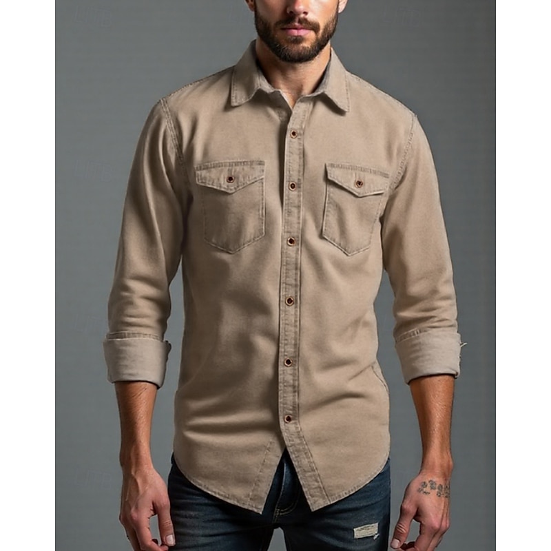 Men's Shirt Summer Shirt Casual Shirt Beach Shirt Button Up Shirt Black khaki Gray Light Blue Long Sleeve Plain Lapel Vacation Hawaiian Front Pocket Clothing Apparel Fashion Casual Comfortable2