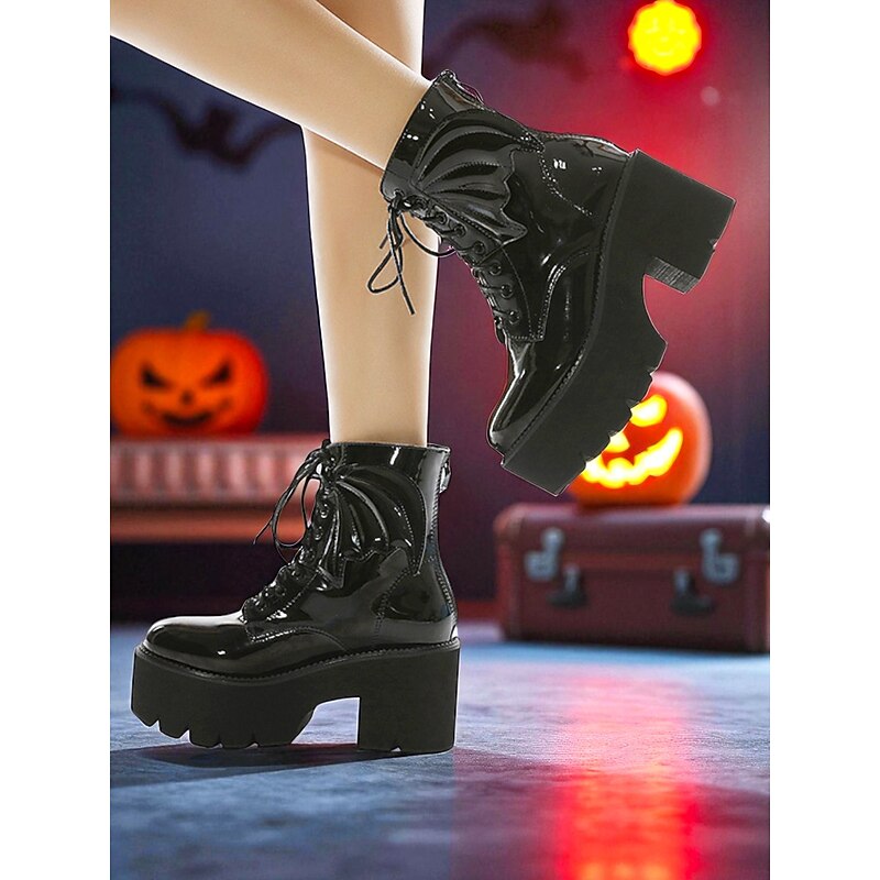 Women's Black Gothic Halloween Platform Combat Boots with Bat Wings - Faux Patent Leather Lace-Up Chunky Boots for Cosplay, Costume Parties and Edgy Streetwear4