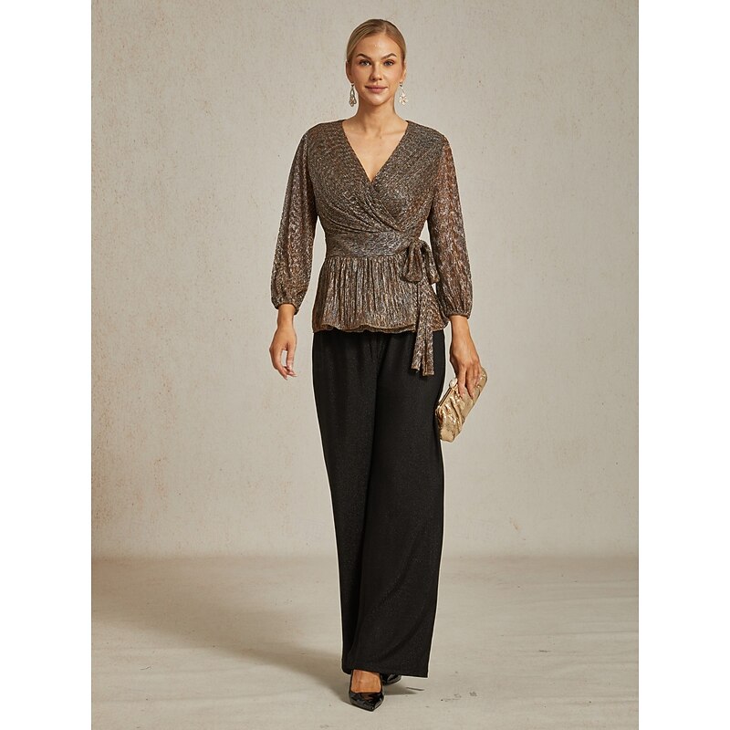 Women's Wrap Tops Sheer Blouse Dressy Tops Elegant Party Stylish Long Sleeve Lantern Sleeve V Neck Regular Tops Wedding Guest Party Evening Wear Semi Formal Pleated Metallic Brown Fall Winter4
