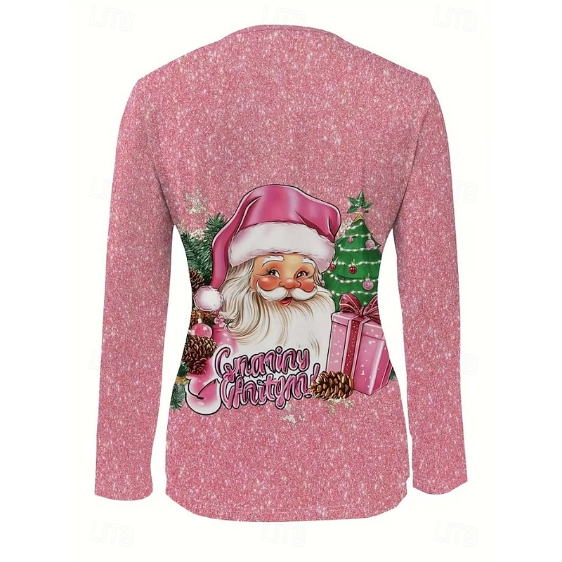 Christmas Women's T Shirt Graphic Santa Claus Vintage Fashion Stylish Long Sleeve Crew Neck V Neck Regular Tops Daily Zipper Print Black Pink Red Spring Fall Winter2