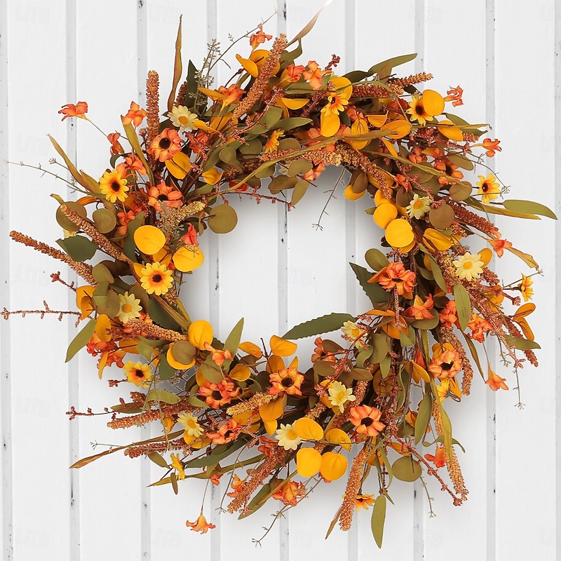 Fall Wreath for Front Door, Autumn Leaves Harvest Festival Decor, Faux Plant Vine Ring for Home, Window, Patio & Party Decorations