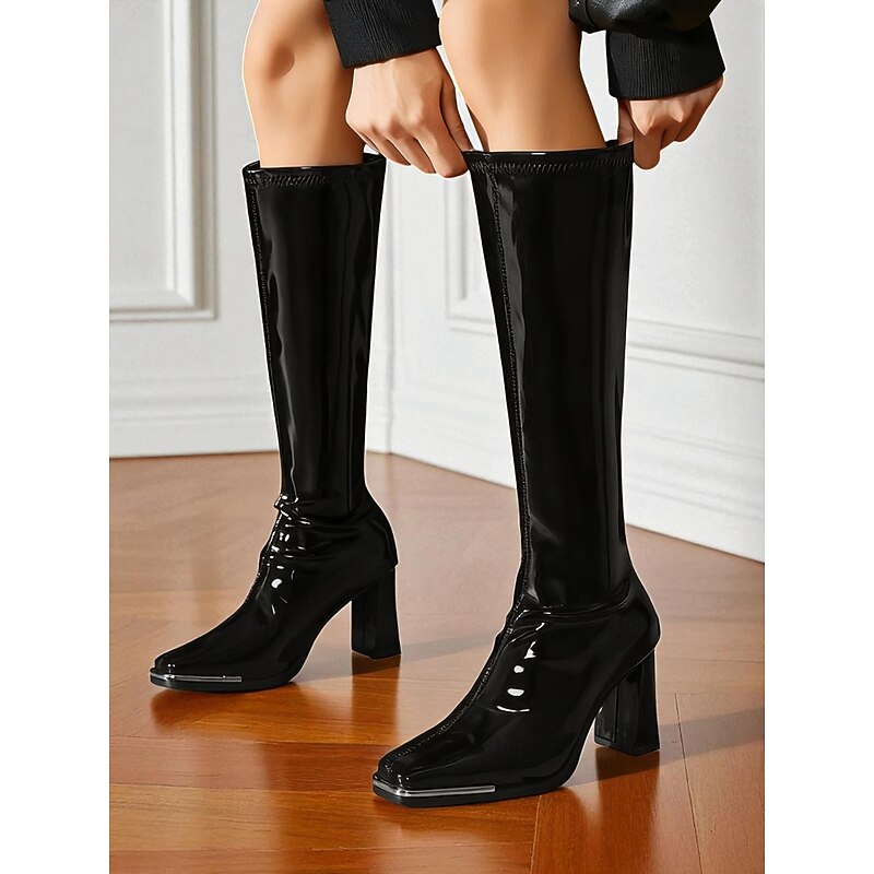 Women's Black Patent Faux Leather Knee-High Disco Boots – Square Toe Heel Boots for Parties, Costumes and Nightclub Outfits2