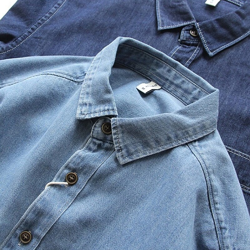 Men's Shirt Casual Shirt Button Up Shirt Denim Shirt Dark Blue Light Blue Long Sleeve Plain Lapel Vacation Hawaiian Pocket Clothing Apparel Polyester Fashion Casual Comfortable3