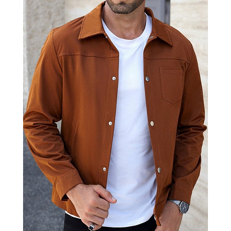 Men's Lightweight Jacket Shirt Jacket Casual Jacket Vacation Daily Breathable Buttons Spring Fall Plain Fashion Classic Lapel Regular Brown Jacket