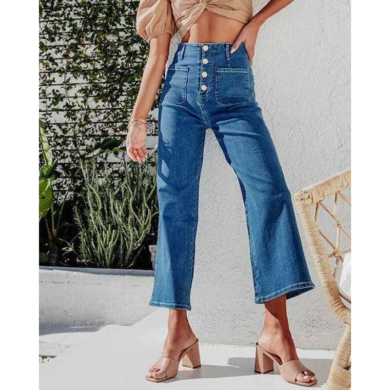 Women's Jeans Chinos Straight Streetwear Casual Full Length Medium Waist Plain Pocket Elastic Waist Comfortable Micro-elastic Outdoor Vacation Daily Black Blue Light Blue Fall Winter Regular Fit