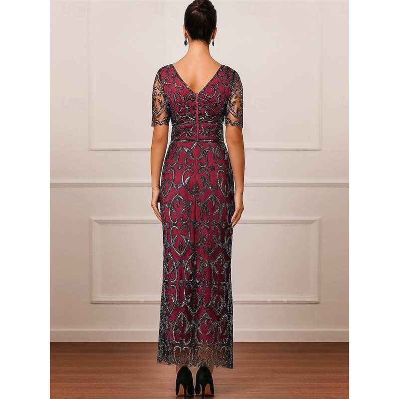 Sheath / Column Mother of the Bride Dress Elegant Vintage Sparkle & Shine V Neck Ankle Length Sequined Polyester Half Sleeve with Beading2