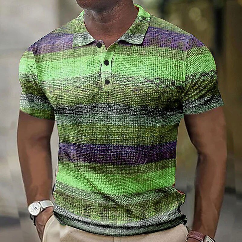 Men's Plaid Waffle Polo Shirts Golf Shirt Short Sleeve Polo Shirts Collared Shirts Vintage Casual Vacation Wear Formal Wear Festival Wear Buttons 3D Print Yellow Blue Purple4