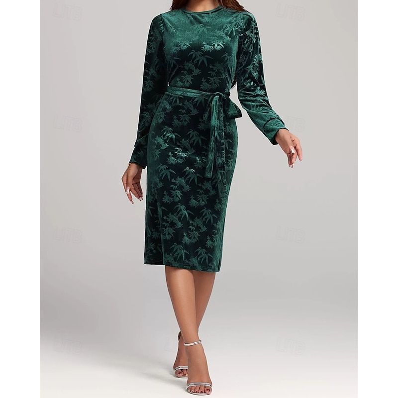 Women's Midi Dress Velvet Dress Cocktail Dress Elegant Fashion Modern Outdoor Party Party Evening Wear Regular Fit Plain Long Sleeve Crew Neck Green Spring Autumn2