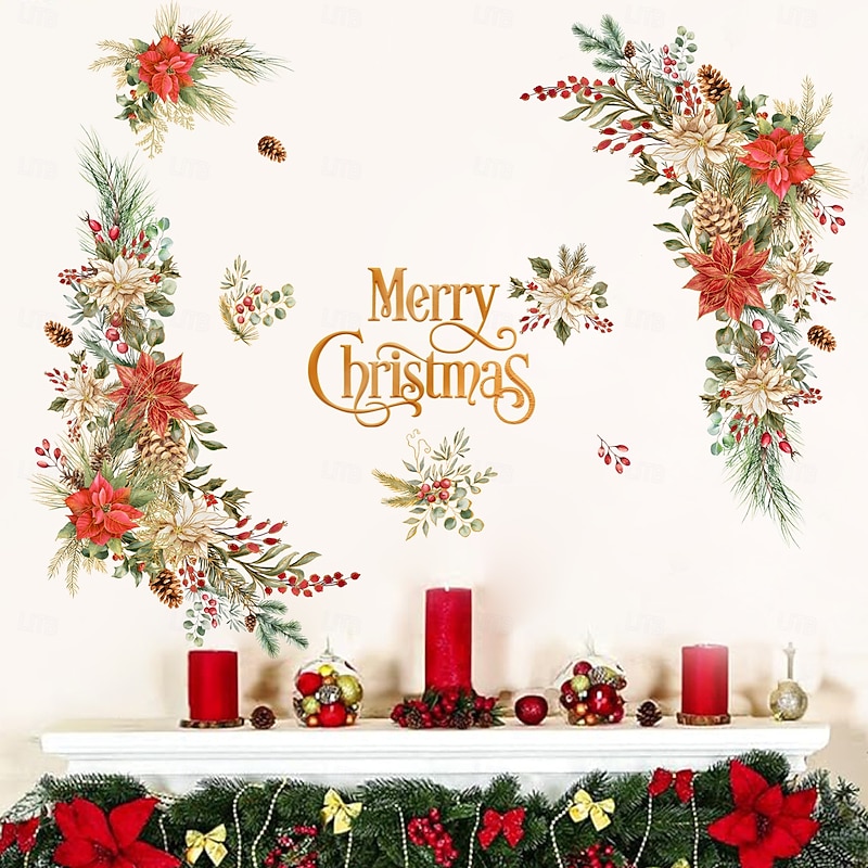 Christmas Sticker Wall Decals Holiday Flower Design Removable Vinyl Mural Bedroom Bedside Decoration Christmas Party Background Wall Art Home Decor Supplies