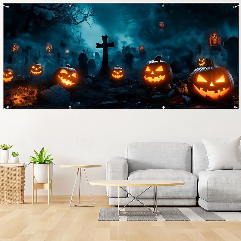 Halloween Tapestry Garage Door Cover Large Hanging Backdrop Pumpkin Cemetery 3D Dark Punk Gothic Style Party Outdoor Shooting Backgrounds Yard Haunted House Home Decor2