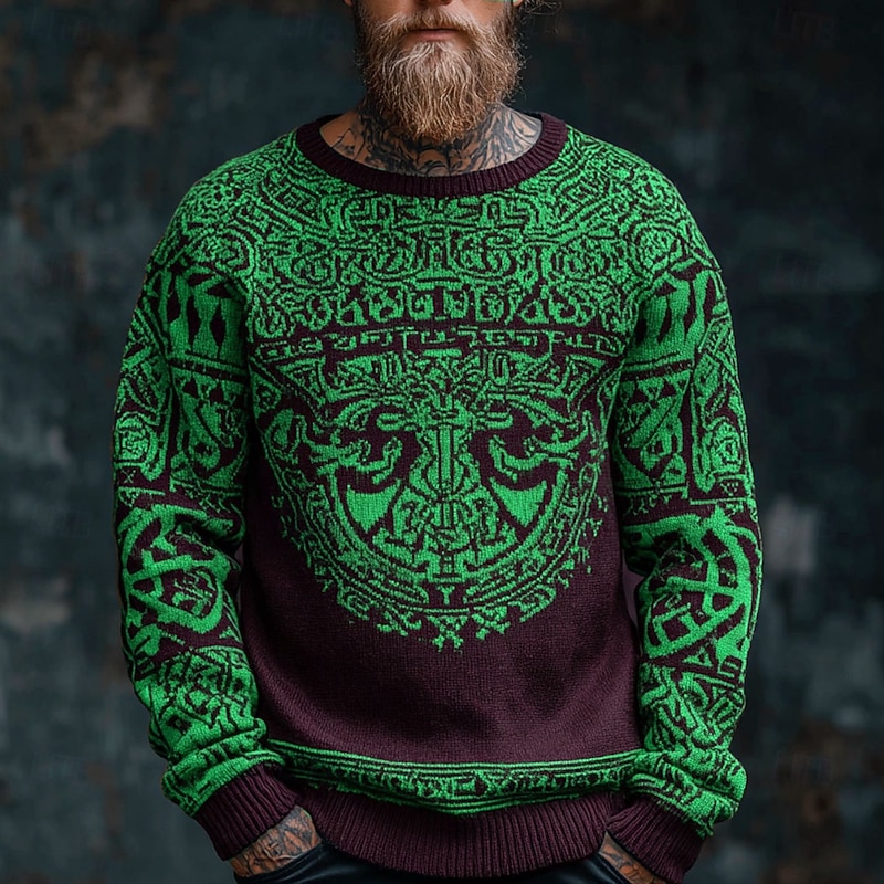 Men's Viking Pullover Sweater Jumper Knitwear Crewneck Retro Vintage Casual Vacation Daily 3D Print Knitting Keep Warm Long Sleeve Spring Fall Winter Red Blue Brown4