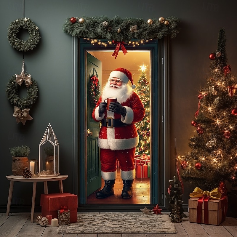 Christmas Door Cover, Vintage Santa with North Pole Sign Door Curtain, Retro 2025 Xmas Entrance Banner for Holiday Party, Porch and Home Decoration3