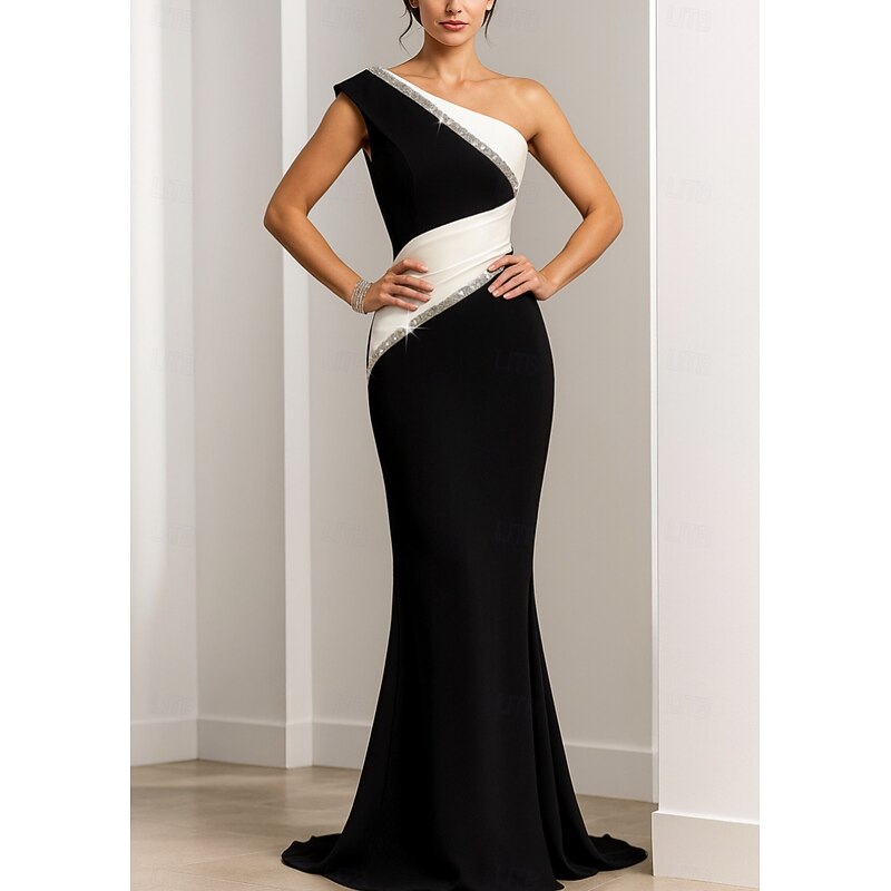 Black and White Mermaid Evening Gown Elegant Dress Wedding Formal Floor Length Sleeveless One Shoulder Stretch Crepe with Glitter Ruched4