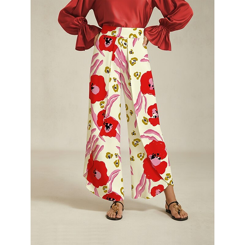 Women's Wide Leg Pants Satin Red Floral Print Front Overlap Slit Spring Autumn2