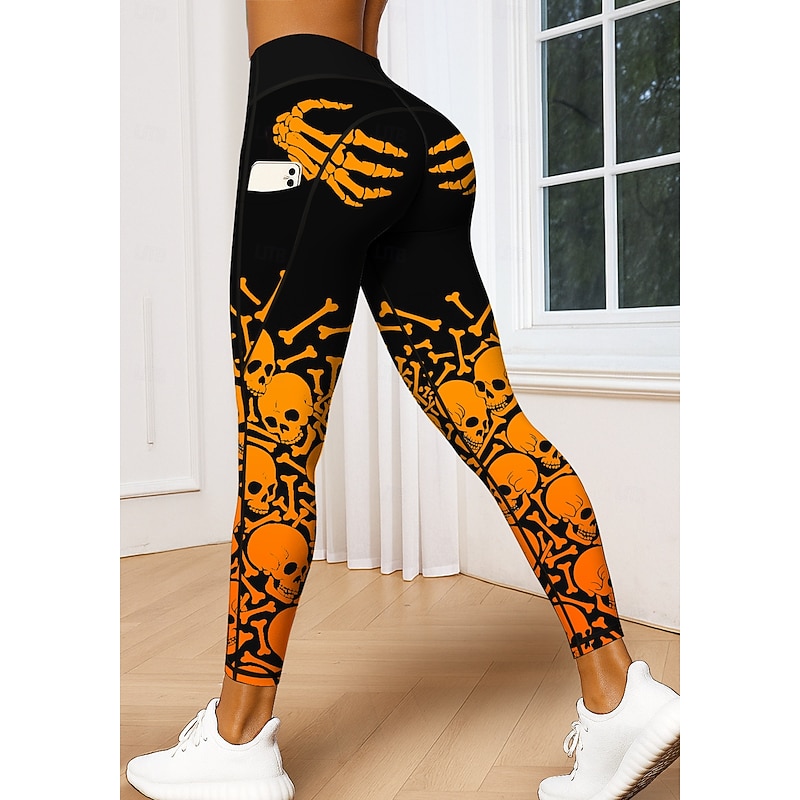 Women's Unisex pilates leggings fitness pants Gym Leggings Pockets Stamp Duty Side Pockets Pilates Gym Gym Workout Pants Tights Leggings Halloween Black-White Orange White Sports Activewear Stretchy4