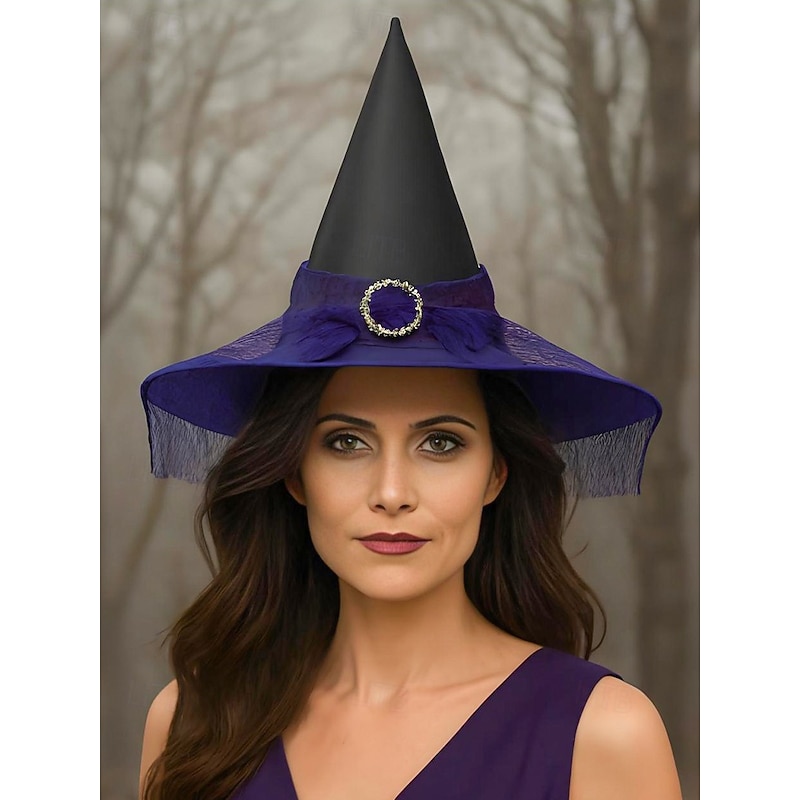 Women's Halloween Witch Hat – Gothic Pointed Hat with Lace and Rhinestone Buckle in Multiple Colors for Costume Party and Cosplay2