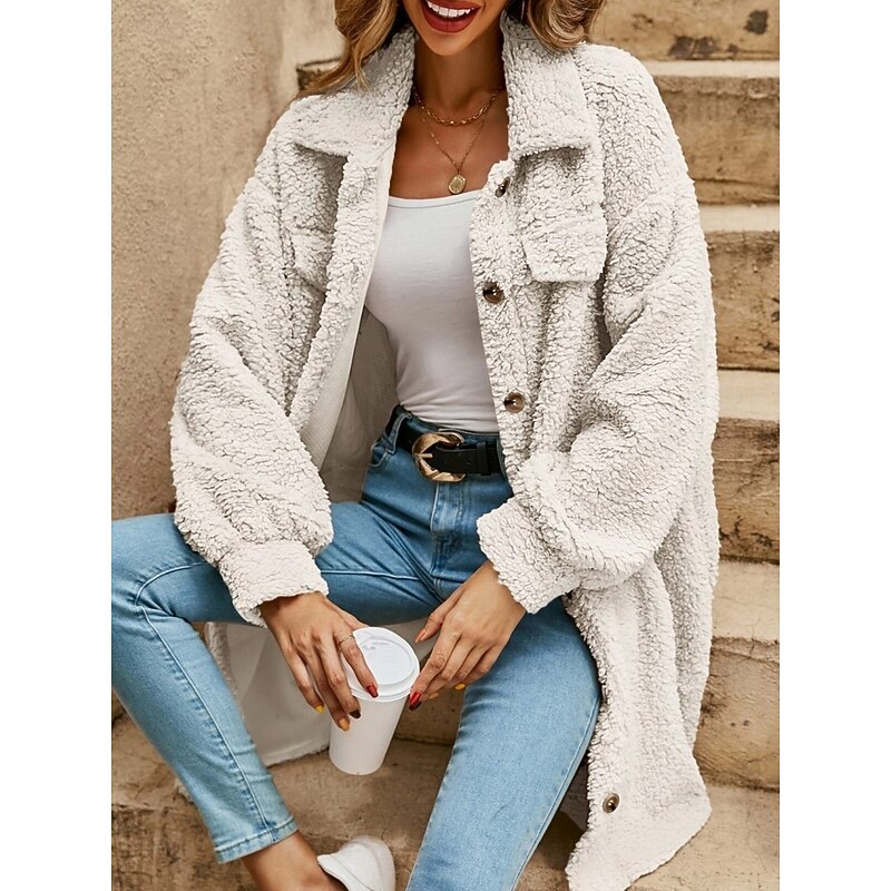 Women's Sherpa Jacket Comfortable Breathable Pocket Buttons Casual Plain Vacation Street Casual Daily Wear Single Breasted Long Turndown Loose Fit Long Sleeve Outerwear Black White Red Spring Fall2