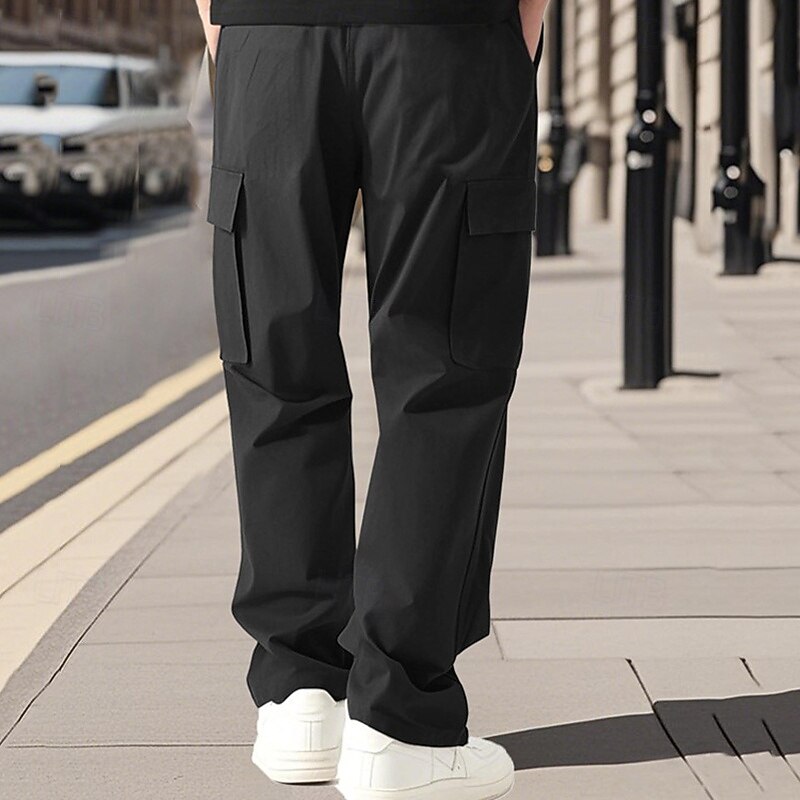 Men's Cargo Pants Trousers Drawstring Elastic Waist Multi Pocket Plain Wearable Outdoor Daily Camping & Hiking Fashion Classic Black White4