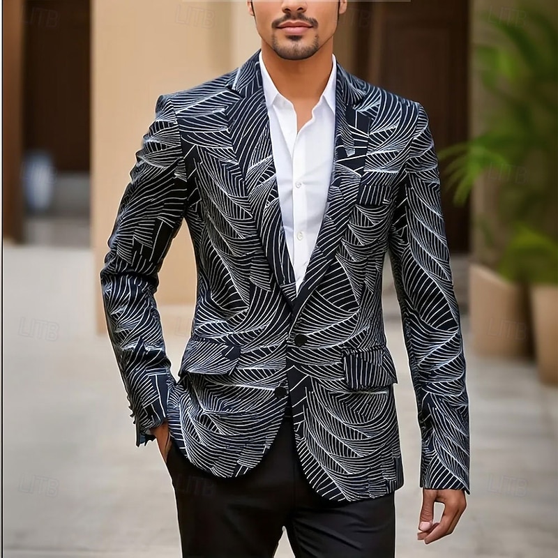 Men's Coat Blazer Business Casual Daily British All Seasons 100% Polyester Graphic 3D Print Buttons Comfortable Single Breasted Blazer Black White Blue