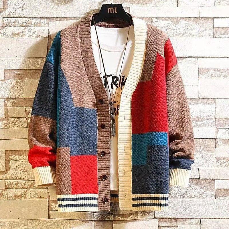Men's Geometric Color Block Cardigan Sweater Knitwear V Neck Casual School Vacation Daily Patchwork 3D Print Keep Warm Long Sleeve Spring Fall Winter Red Blue