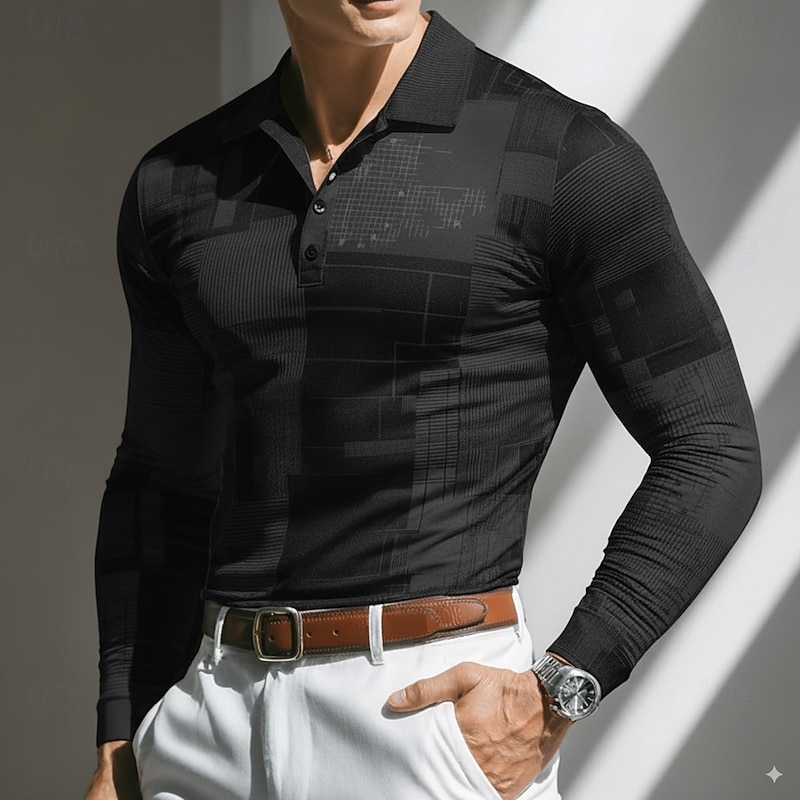 Men's Geometic Polo Long Sleeve Polo Shirts Lapel Casual Outdoor Street Athleisure Daily Wear 3D Print Buttons Spring Fall Winter Black Purple Gray3