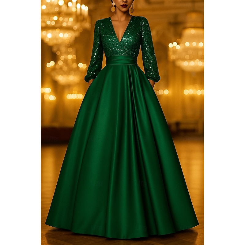 Green Black Sequined A-Line Evening Gown Elegant Dress Formal Wedding Floor Length Long Sleeve V Neck Pocket Satin with Glitter Pleats Pocket 20252
