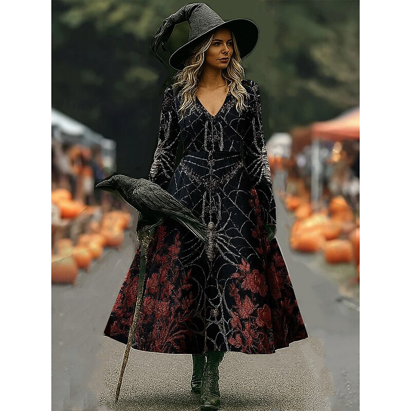 Halloween Women's Maxi Dress A Line Dress Vacation Casual Boho Beach Regular Fit Floral Graphic Long Sleeve V Neck Black Dark Red Wine Red Spring Fall2