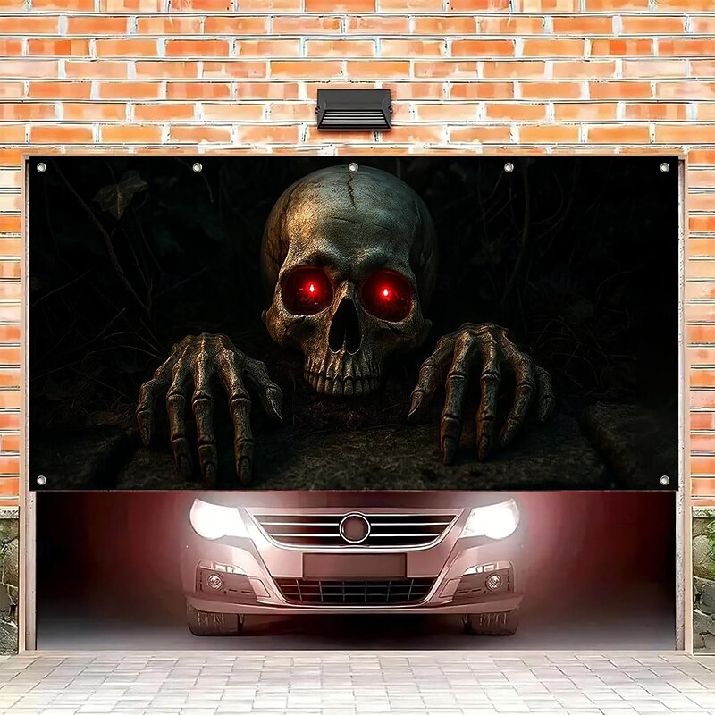 Halloween Garage Door Cover, Black Skull Horror Curtain, Haunted House Scary Outdoor Decoration, Creepy Skeleton Blood Splatter Door Banner Party Decor2