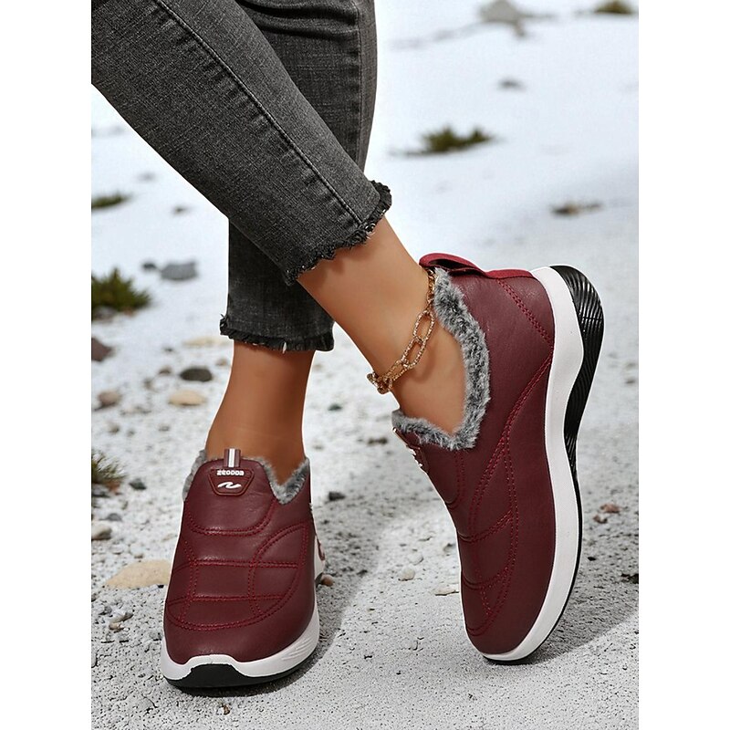 Women's Burgundy Winter Slip-On Sneakers – Faux Leather Warm Lined Shoes with Non-Slip Sole for Outdoor Casual Wear2