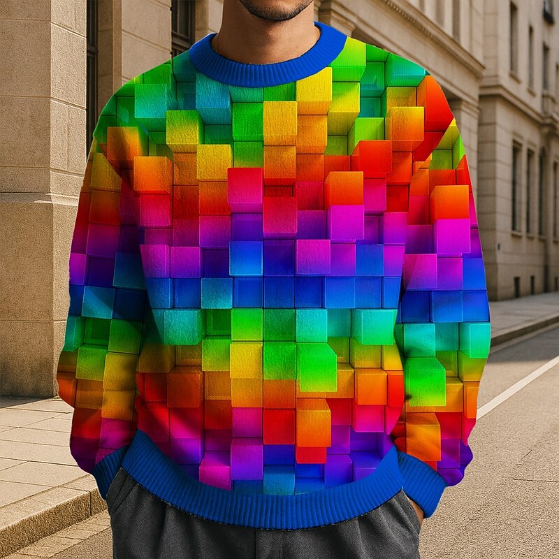 Men's Geometric Color Block Pullover Sweater Jumper Knitwear Crewneck Casual Vacation Daily 3D Print Knitting Keep Warm Long Sleeve Spring Fall Winter Rainbow Multi Color