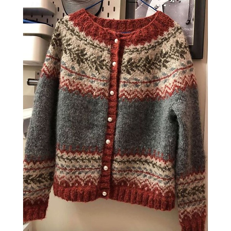 Women's Sweater Cardigan Streetwear Casual Floral Cable Crew Neck Buttons Knitted Print Long Sleeve Regular Tops Knit Daily Going out Weekend Gray Fall Winter