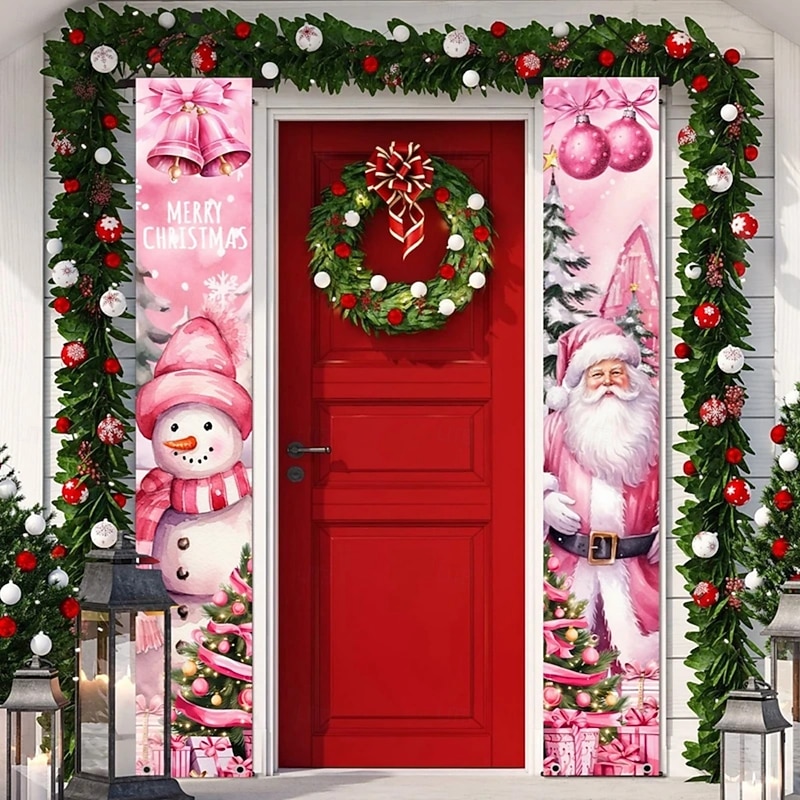 Pink Christmas Door Banner Set 30x180cm, Holiday Front Door Hanging Signs, Xmas Porch Decoration Couplets